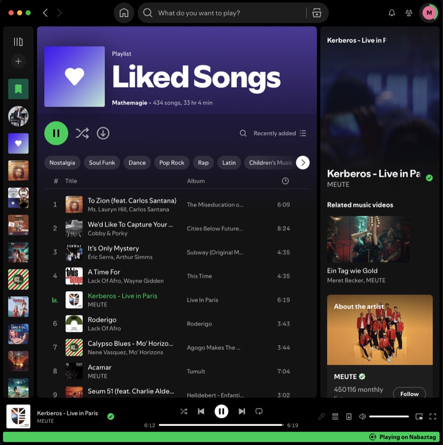 Spotify desktop app showing a green ‘Playing on Nabaztag’ bar at the bottom
